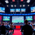 Engaging scene depicting sports broadcasting activity with reporters and vibrant screens