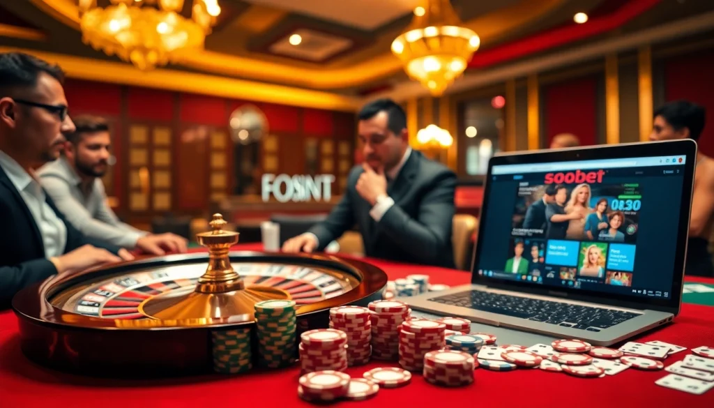 Betting at a luxurious casino table with sbobet link alternatif displayed on a screen.