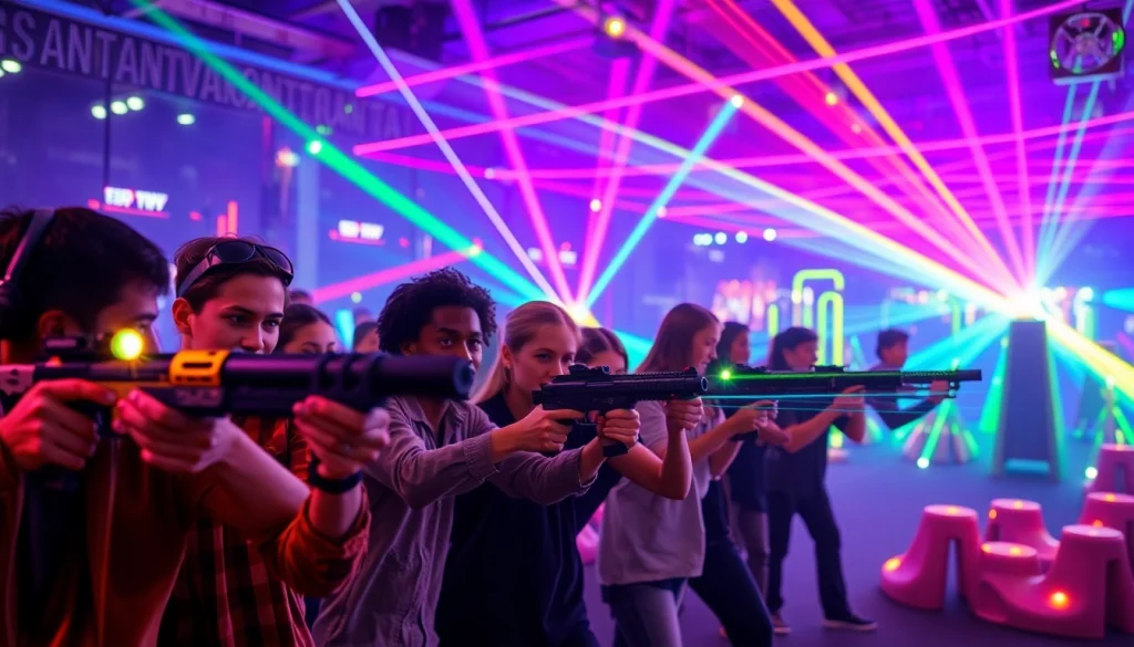 Engaging players in action during a Laser tag battle in a vibrant arena with neon lights.