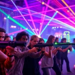 Engaging players in action during a Laser tag battle in a vibrant arena with neon lights.