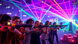 Engaging players in action during a Laser tag battle in a vibrant arena with neon lights.
