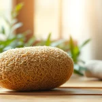 Natural raw loofah sponge on wooden surface highlighting its unique texture and eco-friendly appeal.