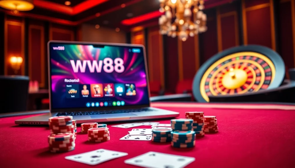 Experience the excitement of ww88 with luxurious casino visuals featuring poker chips and roulette wheel.