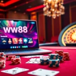 Experience the excitement of ww88 with luxurious casino visuals featuring poker chips and roulette wheel.