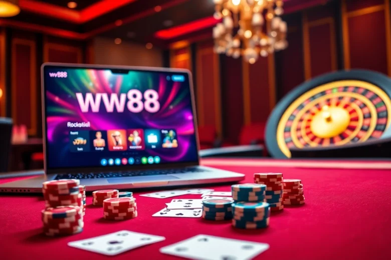 Experience the excitement of ww88 with luxurious casino visuals featuring poker chips and roulette wheel.