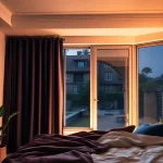 Verduisterende gordijnen in een sfeervolle slaapkamer creëren een ontspannen atmosfeer.