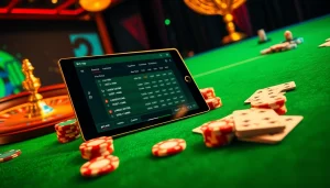 Trải nghiệm casino hấp dẫn với ứng dụng Bet VIP trên máy tính bảng, kèm các chiếc chip poker và bánh xe roulette.