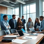 Engaging AI claims processing team collaborating in a modern office environment.