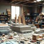 Industriemodellbau auf einem Werkbank voller Werkzeuge und Materialien, detailliertes Fabrikmodell.