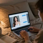 Engaging in AI chat porn in a cozy bedroom setting with a laptop.
