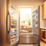 Organized freezer showcasing fresh food items in a modern kitchen setting.