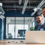 Cámaras Hikvision instalándose en un entorno de oficina profesional para mejorar la seguridad.