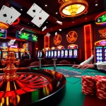 Scène engageante de casino en ligne 2026 avec des roues de roulette vibrantes et des parieurs enthousiastes.