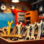 Entdecken Sie verschiedene Typen von englischen Schlüsseln, die in einer professionellen Werkstatt ausgestellt sind und eine Vielzahl von verstellbaren Schraubenschlüsseln für mechanische Aufgaben präsentieren.