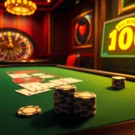 Scène engageante de casino en ligne 2026 avec une table de poker virtuelle présentant des jetons et des cartes.