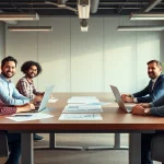 Analyzing competitor pricing strategies in a collaborative office environment with diverse professionals.
