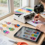 Custom acrylic keychains being designed with vibrant colors and tools in a creative workspace.