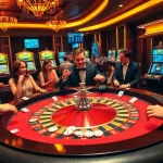 Des joueurs passionnants plaçant des paris à une table de roulette dans une ambiance de casino en ligne 2026 luxueuse.