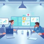 Erkläranimation zeigt kreative Teamarbeit in einer modernen Büroumgebung.