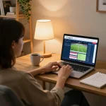 Engaged viewer using Cakhia TV for online sports betting, showcasing a cozy home setup with warm lighting