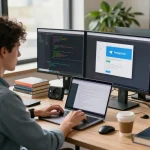 Developer using Telegram 中文 app on multi-monitor setup in a modern office