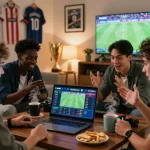 Excited friends engaging with Nhà Cái Hubet online betting platform in a cozy living room, enhancing sports viewing experience.