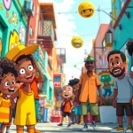 Characters from African American cartoons celebrating diversity and creativity in a vibrant urban setting.