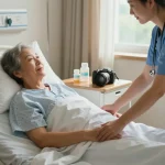Patient resting in a giường bệnh nhân with caregiver making adjustments for comfort in a warm home.