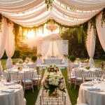 Showcase of Wedding & Event Rentals at an outdoor venue featuring elegant table settings.