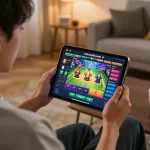 Engaging home setup displaying ทดลองเล่นสล็อต on tablet, emphasizing online gaming strategies and dynamic gameplay.