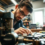 Locksta handwerkt professionell an einem komplexen Schlossmechanismus in einer gut beleuchteten Werkstatt.