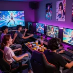 Friends enjoying a hentai game together in a vibrant gaming lounge atmosphere.