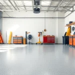 Installing durable garage floors in a well-lit workshop, highlighting craftsmanship and quality.