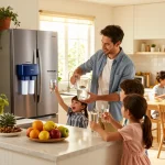 Waterdrop Replacement for Samsung® DA29-00003G filter used by a family in a bright kitchen making refreshing water