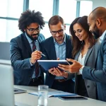 Analyze sales navigator scraper pricing with professionals in a modern office setting.
