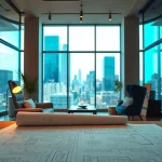 Residential Architect Boston highlights a designer's workspace with blueprints and skyline views.