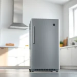 Showcase an affordable mini fridge and freezer elegantly placed in a bright kitchen.