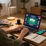 Playing online poker on hidden wiki tor within a cozy home environment, showcasing strategy and casual gameplay