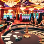Scène excitante de joueurs de casino en ligne 2026 profitant du poker et de la roulette au milieu de lumières éblouissantes.