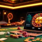 Des joueurs captivés dans un casino en ligne luxueux 2026 avec des tables, des dés et des machines à sous.