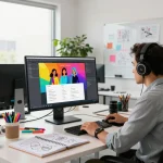A dynamic workspace featuring a graphic designer using an image to prompt generator with colorful digital interface and creative tools on desk.
