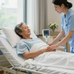 giường bệnh nhân in a caring hospital environment with nurse and patient, showcasing comfort and support
