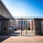 OC Jail security entrance showcasing guard and visitors amidst a serious urban backdrop