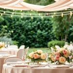 Decorative wedding & event rentals featuring elegant tables and floral arrangements in a garden setting.