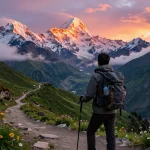 Annapurna Circuit trekking scene with a traveler admiring sunset views over majestic mountains, embodying adventure and exploration.
