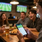 Engaging user utilizing the Golbos Agen Bola parlay app for live football betting at a lively social bar.