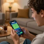 Excited bettor using smartphone to place bets on 888top's sports platform in cozy living room.