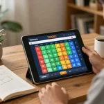 Playing togel jakarta online with a tablet in a cozy home setting, showcasing strategic gameplay.