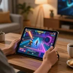 Momen permainan online yang menarik dengan gameplay slot gacor di tablet dalam suasana rumah yang nyaman.