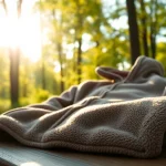 Fleece jacket over een houten tafel in een natuurlijke omgeving met helder licht.